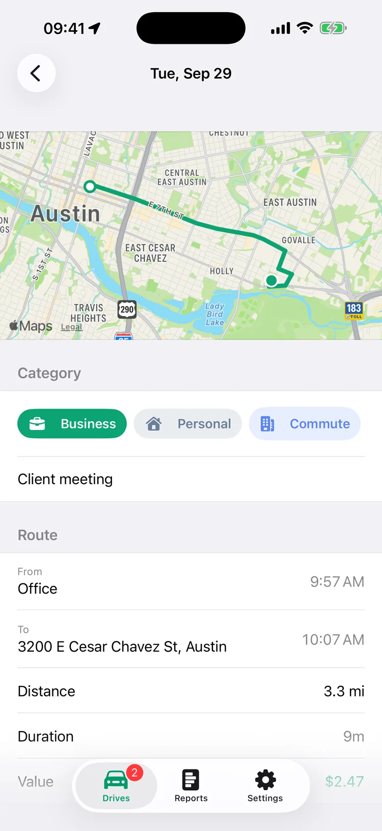 A drive to 3200 E Cesar Chavez St marked Business, with its route on the map and the purpose Client meeting