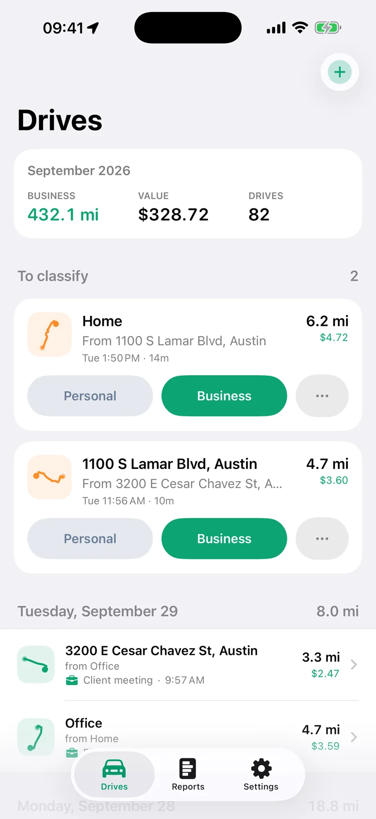 The Drives screen: 432 business miles worth $328.72 this month, two drives waiting for Business or Personal