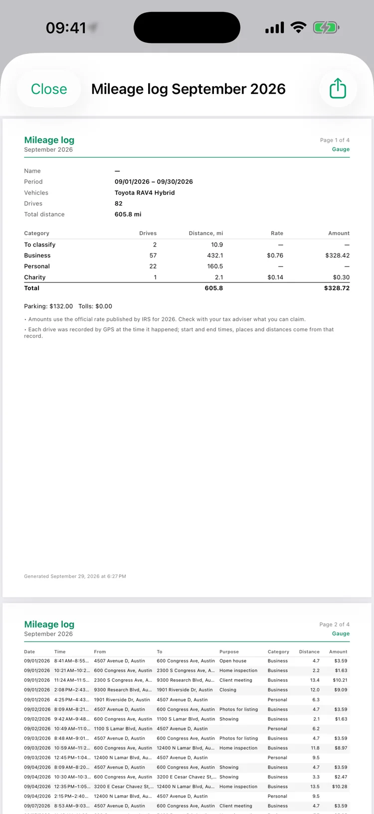 A PDF mileage log for September 2026 with totals by category and every drive listed