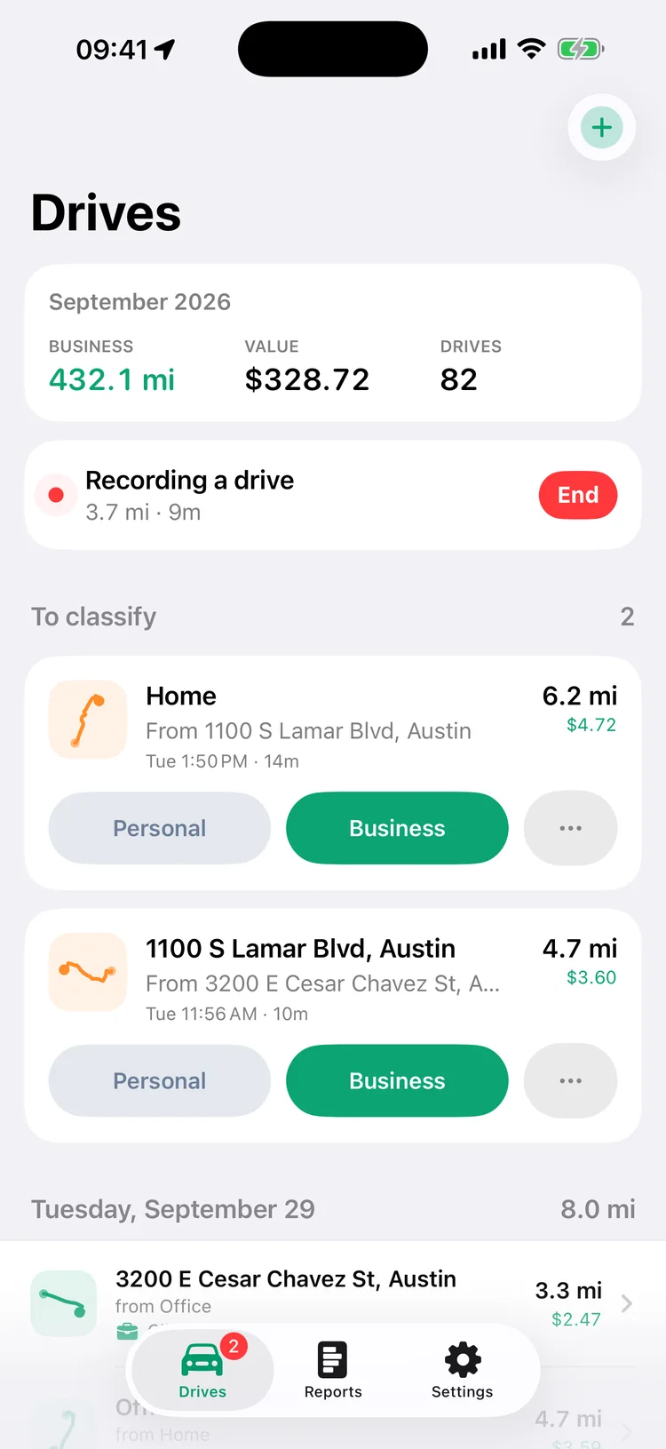 A drive being recorded: 3.7 miles, 9 minutes, with an End button