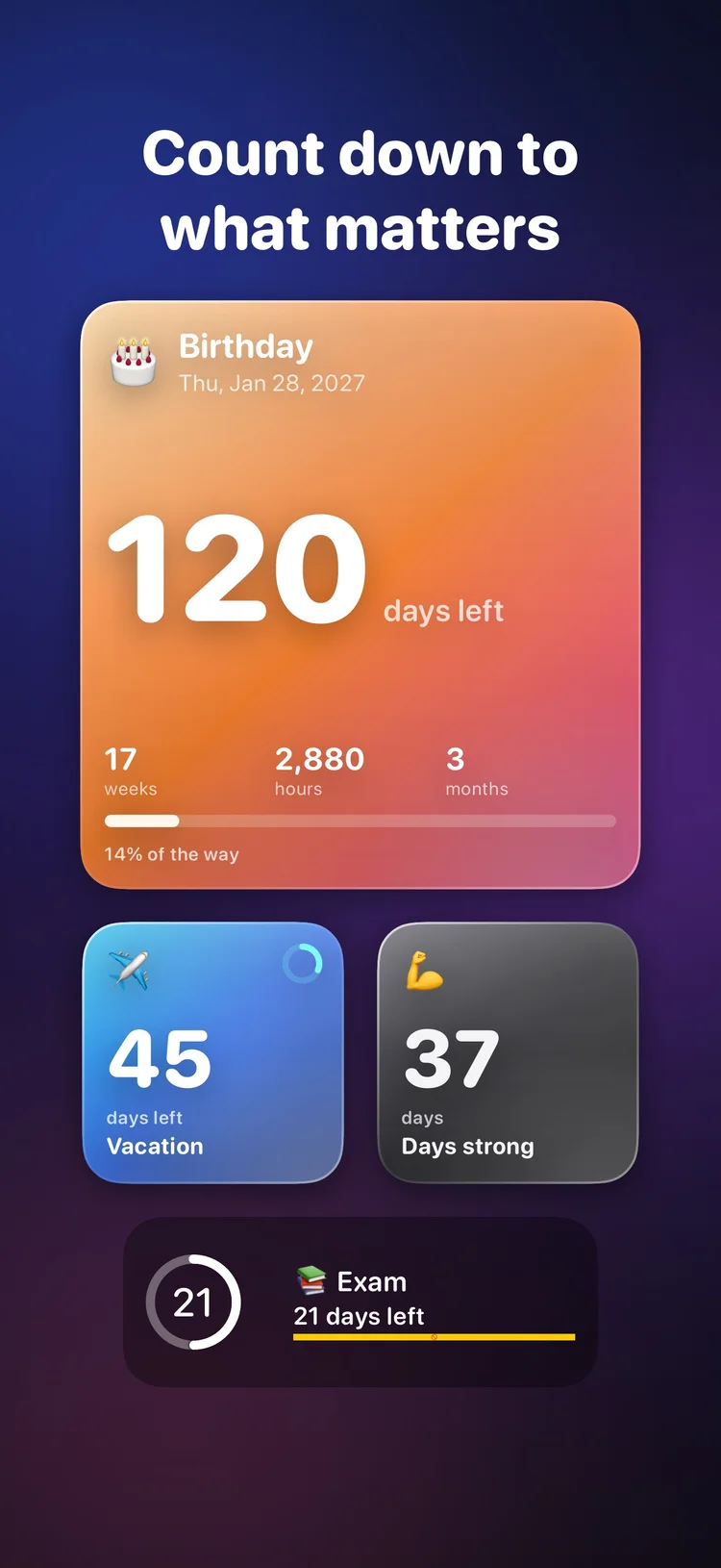 Birthday, vacation, days-since and exam countdown widgets