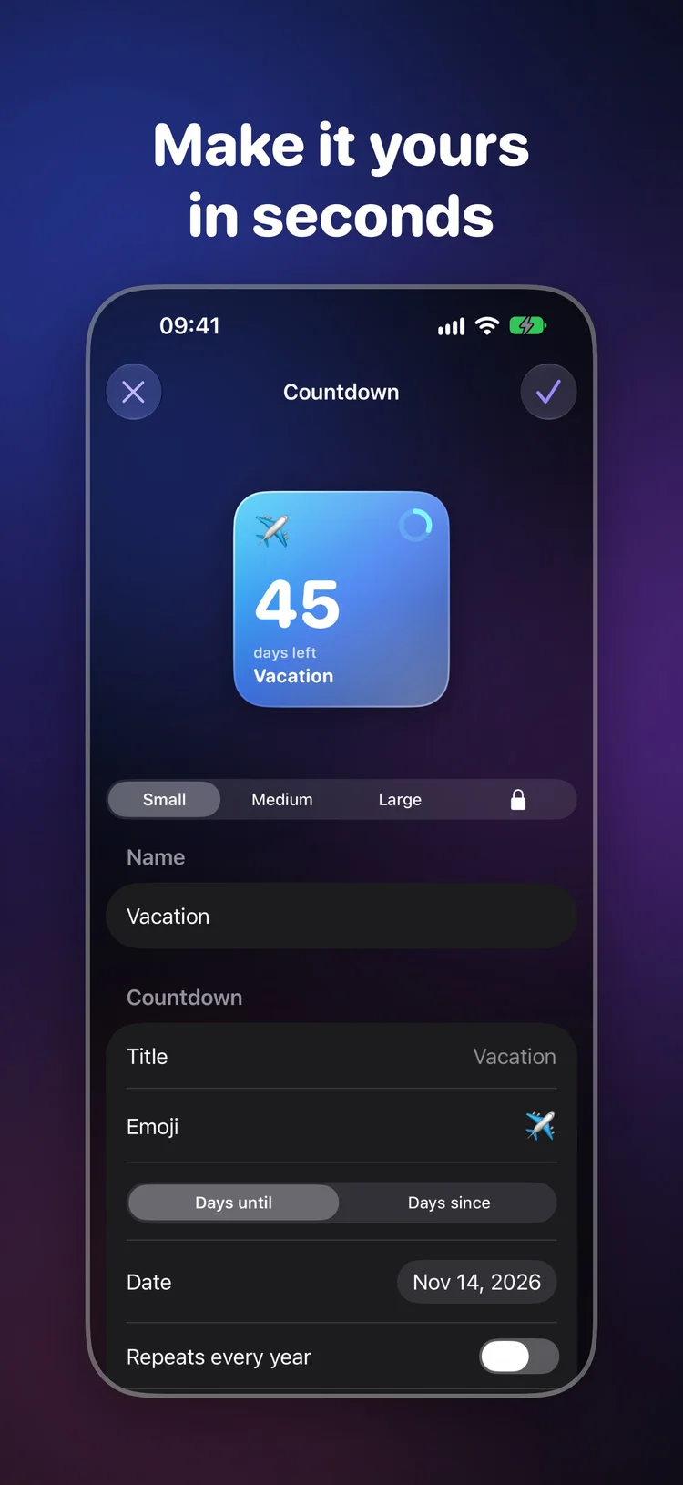 Glasso editor with a vacation countdown preview, size options and date controls