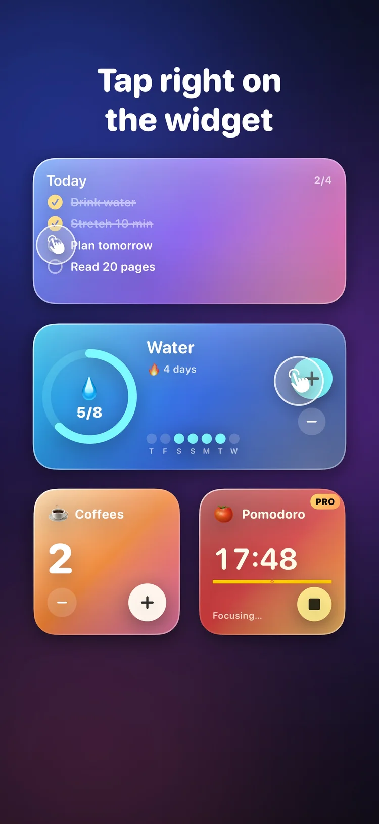 Interactive to-do list, water habit tracker, coffee counter and focus timer