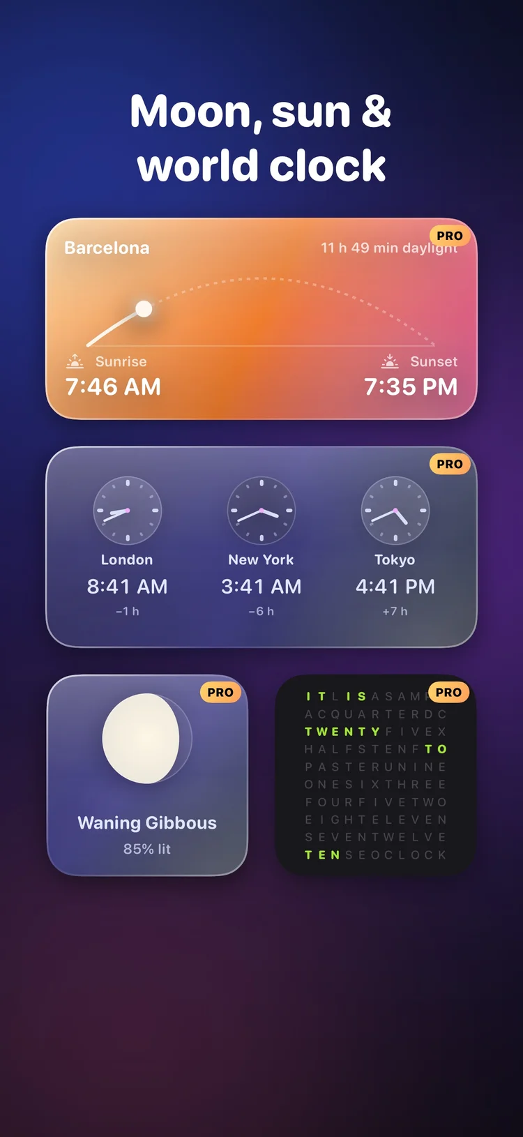 Sunrise, sunset, world clock, moon phase and word clock widgets