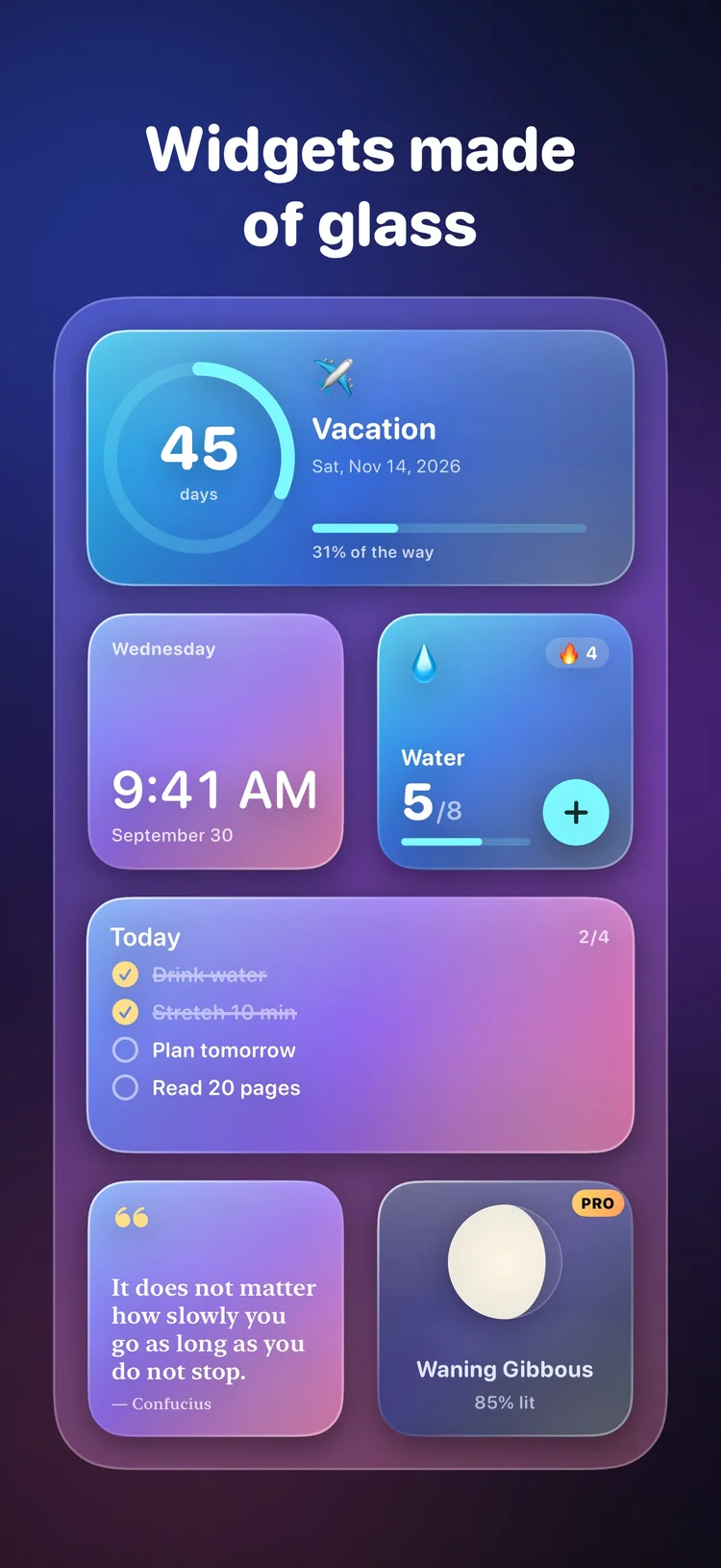 Glasso countdown, clock, habit, to-do, quote and moon widgets in colourful glass