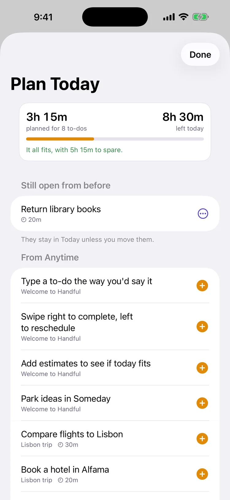 Plan Today with the day-fit card, a leftover from before, and to-dos to pull in from Anytime
