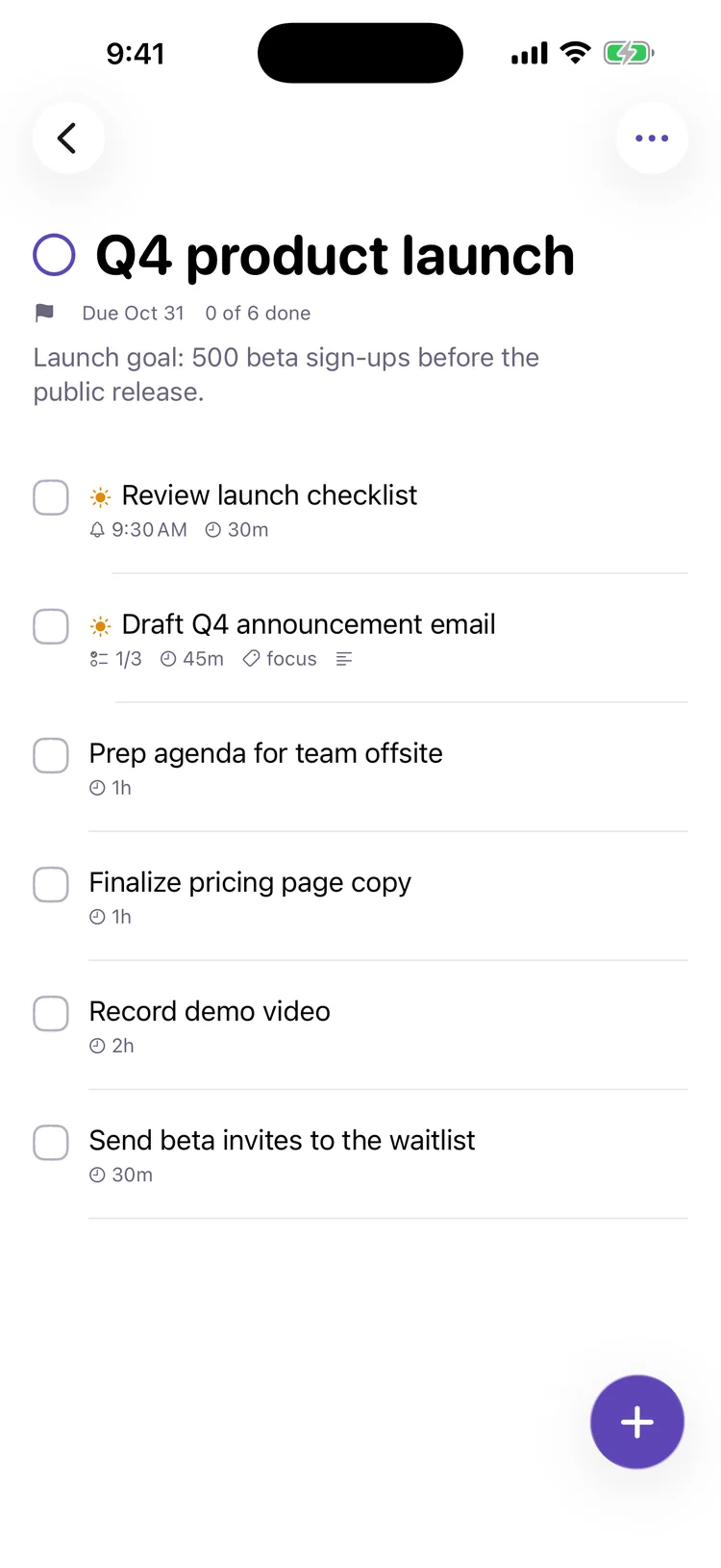 The Q4 product launch project with a deadline, a launch goal and six to-dos with times, estimates and tags