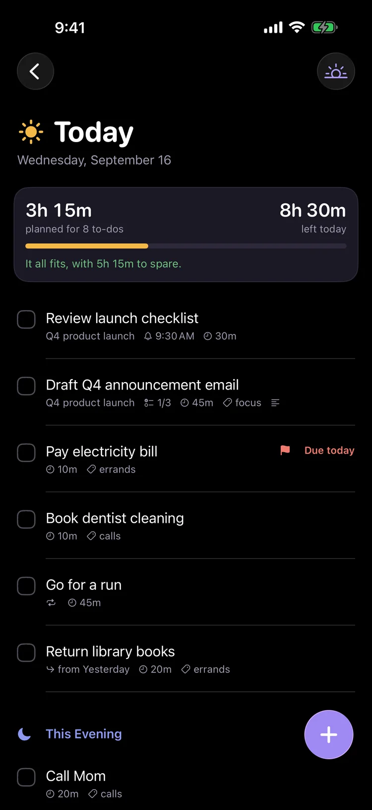 Handful's Today list in dark mode: 3 hours 15 minutes planned for 8 to-dos with 8 hours 30 minutes left, a progress bar, and to-dos like Review launch checklist and Pay electricity bill