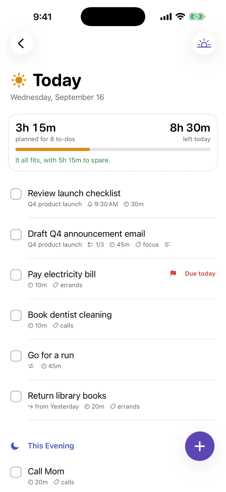 Today in Handful: 3 hours 15 minutes planned for 8 to-dos, 8 hours 30 minutes left, It all fits with 5 hours 15 minutes to spare