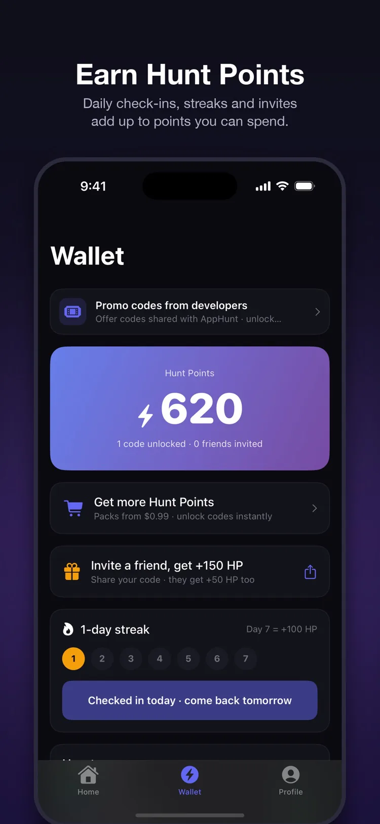 Skærmen Wallet: 620 Hunt Points, en serie på 1 dag og invitationsbonussen