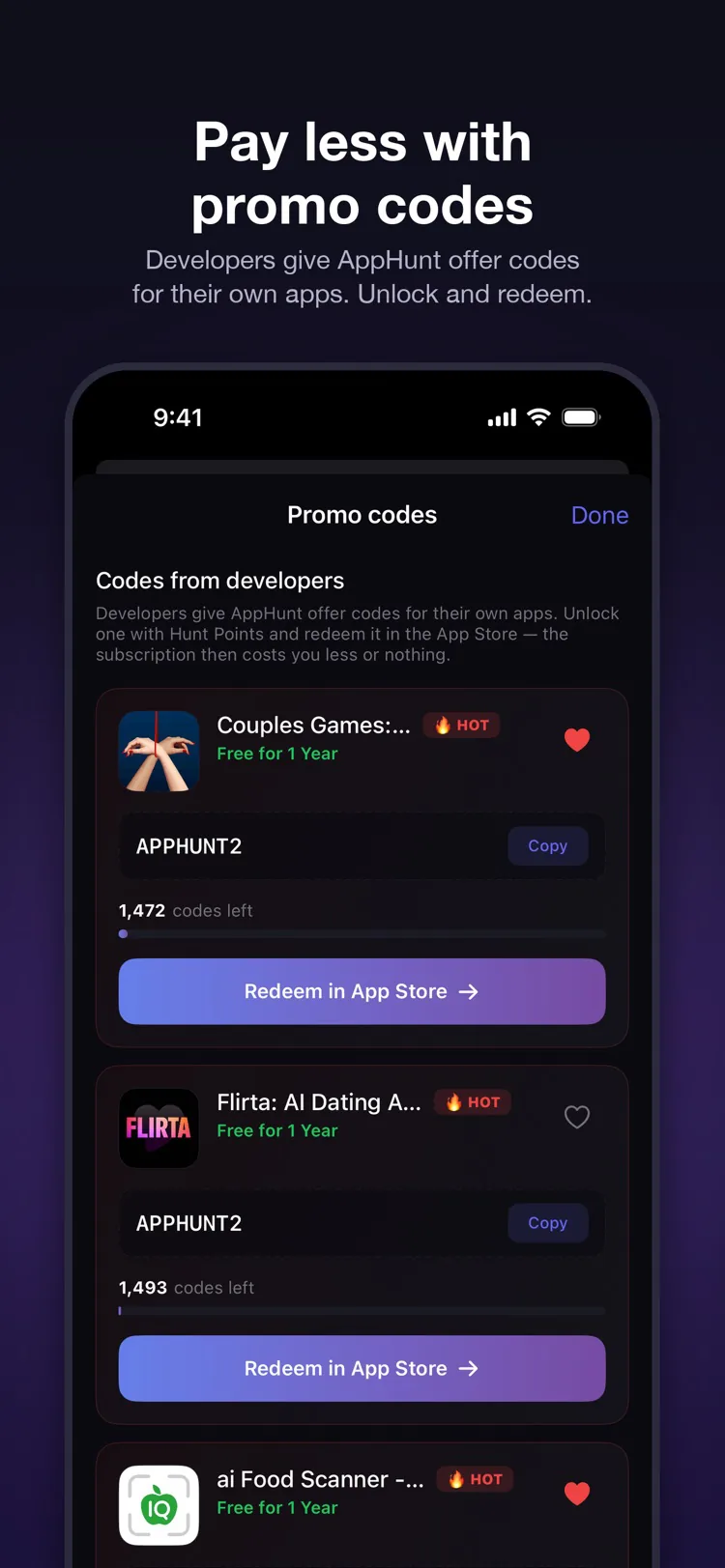 Promokoder fra udviklere i appen, hver med Kopiér og Indløs i App Store