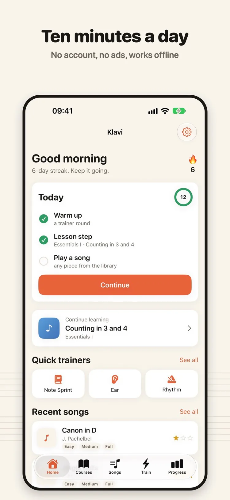 Klavi's home screen with a 6-day streak, today's three steps, quick trainers and recent songs