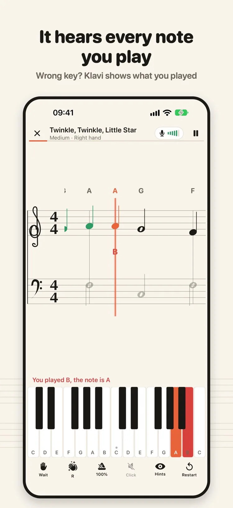 Twinkle, Twinkle, Little Star in Klavi with a wrong note marked: 'You played B, the note is A', and the two keys highlighted on the keyboard