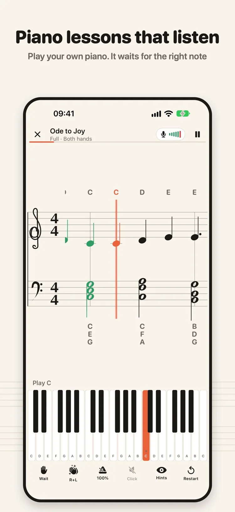 Klavi playing Ode to Joy with both hands: the sheet music at the top with the current note highlighted, 'Play C' above the keyboard and the key to press lit up