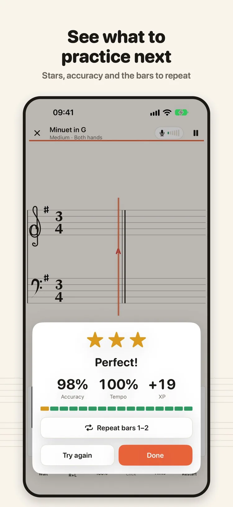 Klavi's result screen for Minuet in G: three stars, 98% accuracy, 100% tempo, +19 XP and a button to repeat bars 1–2