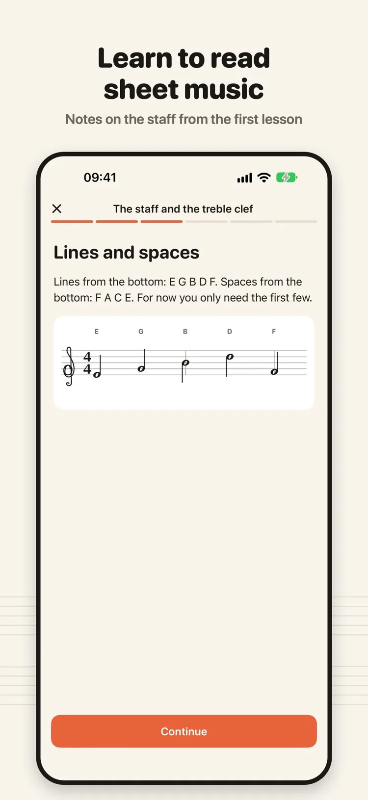 A Klavi lesson on the staff and the treble clef: lines and spaces explained, with the notes E G B D F shown on a staff