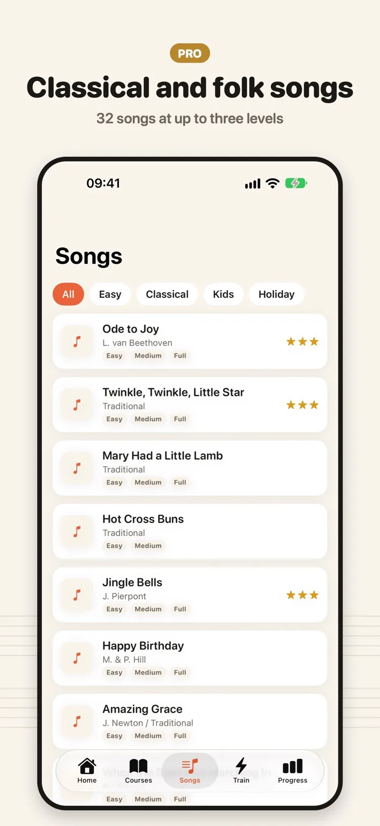 The Songs screen with Ode to Joy, Twinkle Twinkle Little Star, Mary Had a Little Lamb, Jingle Bells, Happy Birthday and Amazing Grace, each at easy, medium and full levels