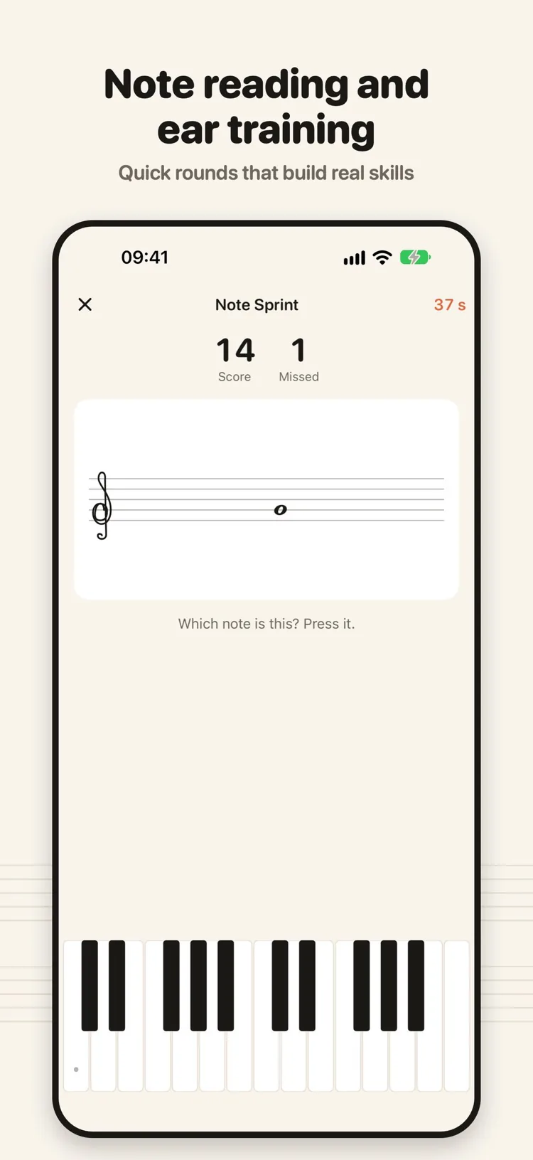 The Note Sprint trainer: a note on the staff, a score of 14 and a 37-second timer above the on-screen keyboard