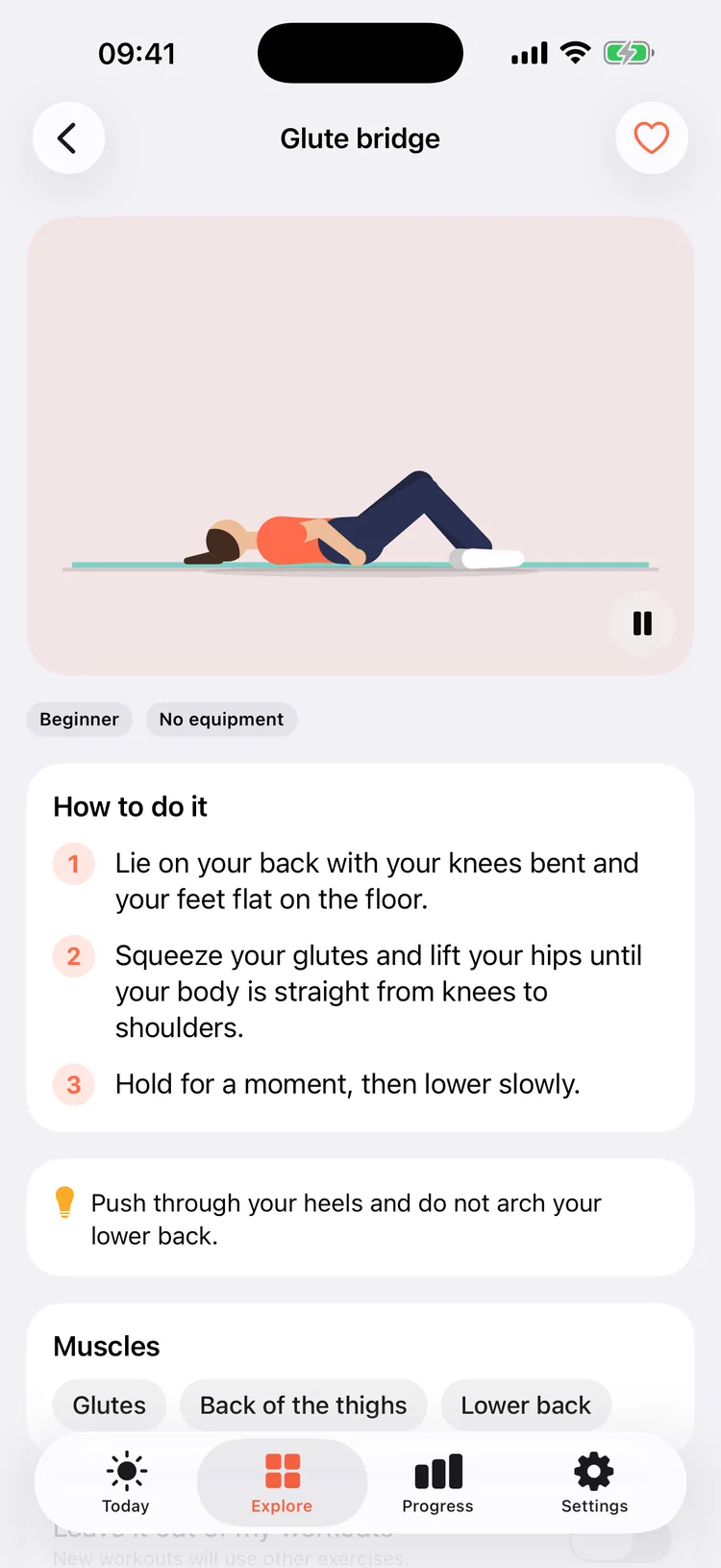 The glute bridge with the animated coach, three steps and a tip