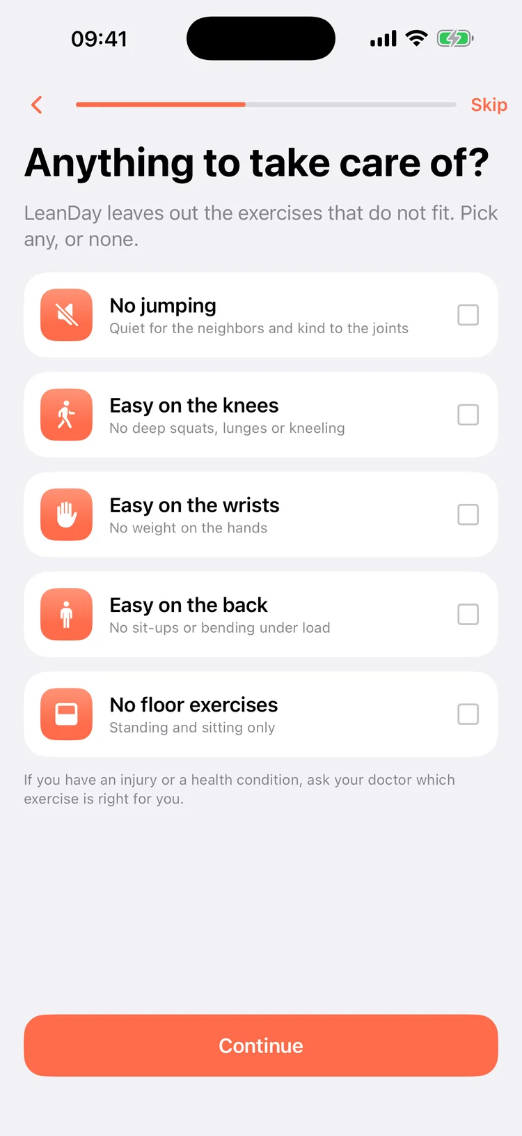 The question about limits: no jumping, easy on the knees, wrists and back, no floor exercises
