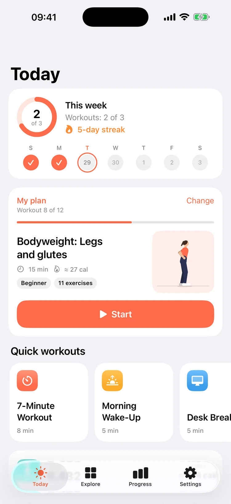 The Today screen: this week's workouts, a 5-day streak and today's bodyweight workout ready to start