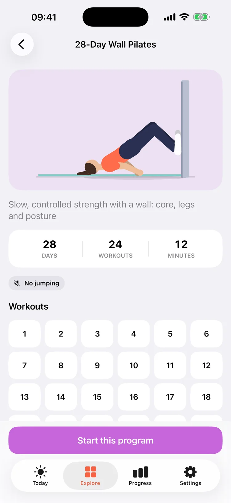 The 28-Day Wall Pilates program: 24 workouts of 12 minutes, the first three free