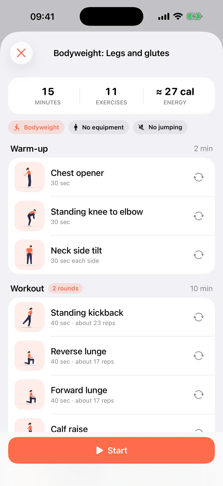 A 15-minute bodyweight workout for legs and glutes with its warm-up and two rounds