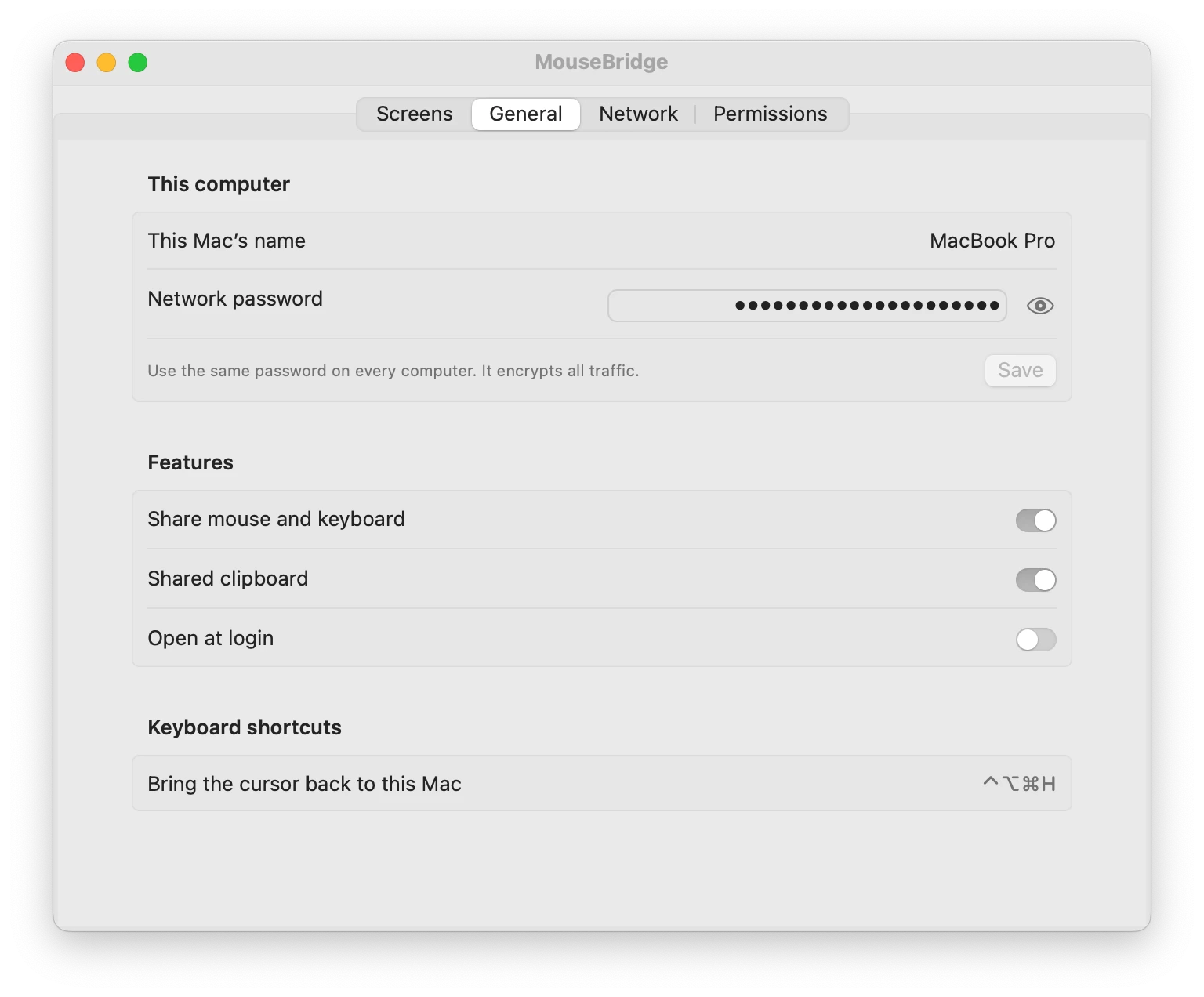 General settings with the Mac's name, the network password, and switches for mouse and keyboard sharing, the shared clipboard and opening at login