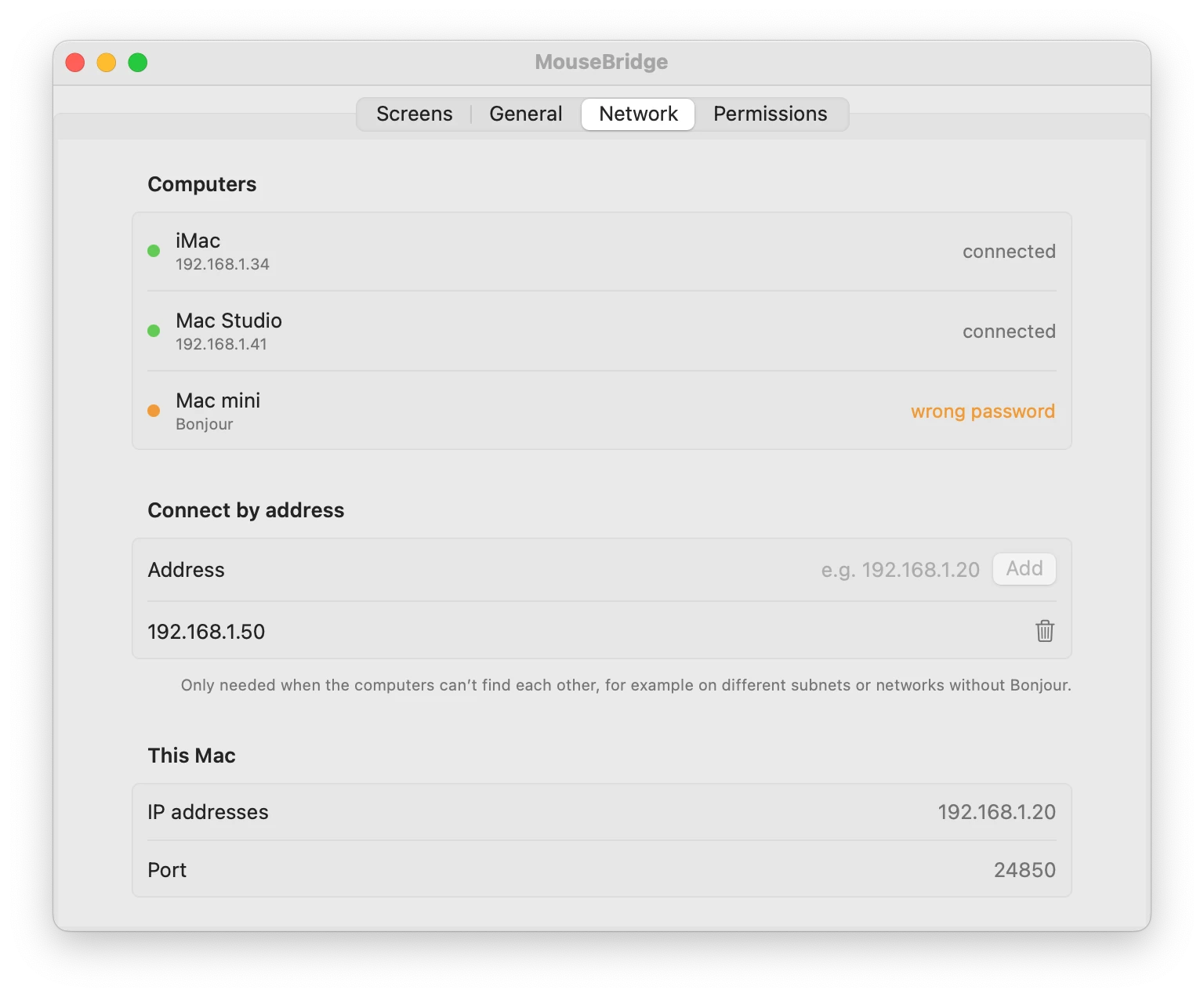 The Network tab listing an iMac and a Mac Studio as connected and a Mac mini with a wrong password