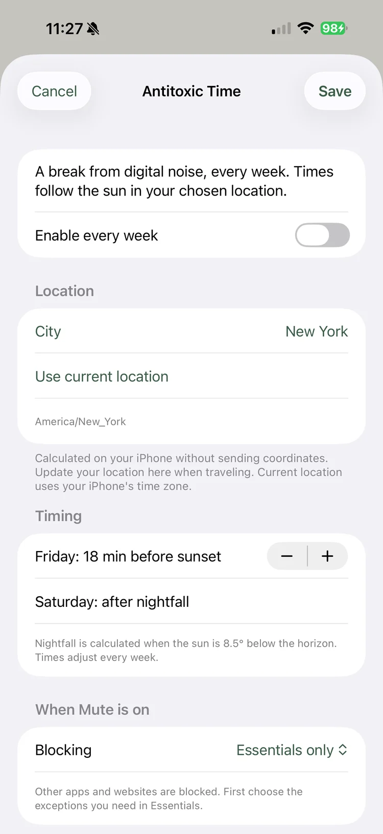 Antitoxic Time settings with city selection, Friday sunset offset and Saturday nightfall