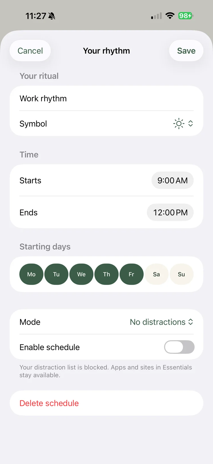 Mute schedule editor with work hours, weekday choices and a blocking mode