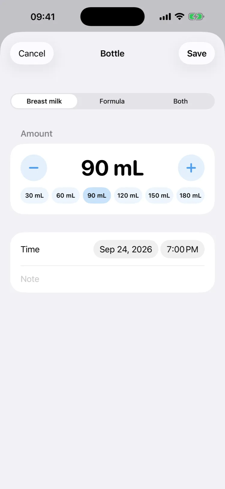 The bottle sheet with 90 ml selected
