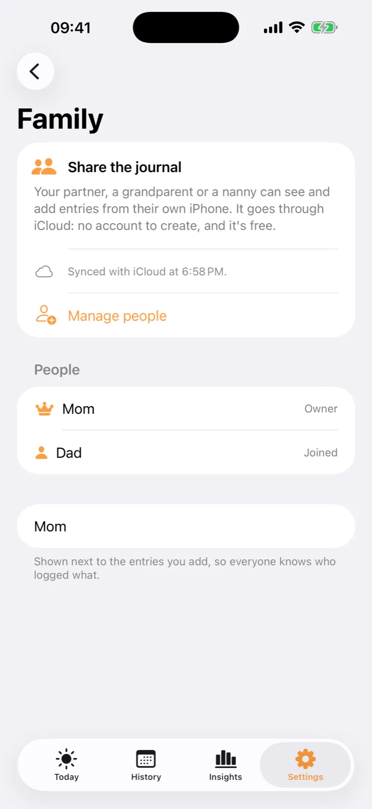 The Family screen: Mom is the owner and Dad has joined