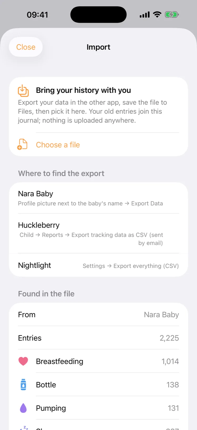 The Import screen: 2,225 entries found in a Nara Baby export
