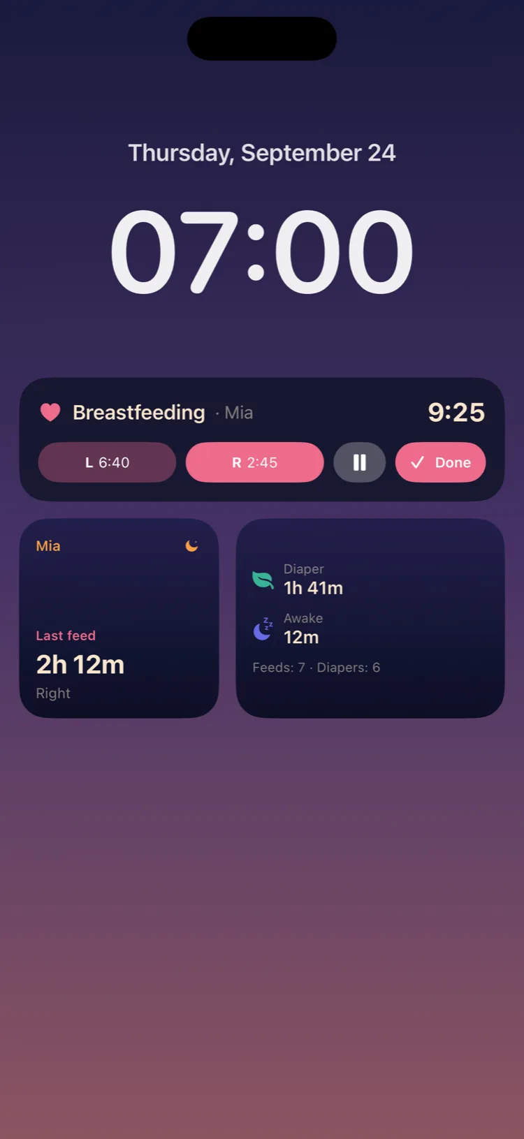 The Lock Screen with the breastfeeding Live Activity and two widgets