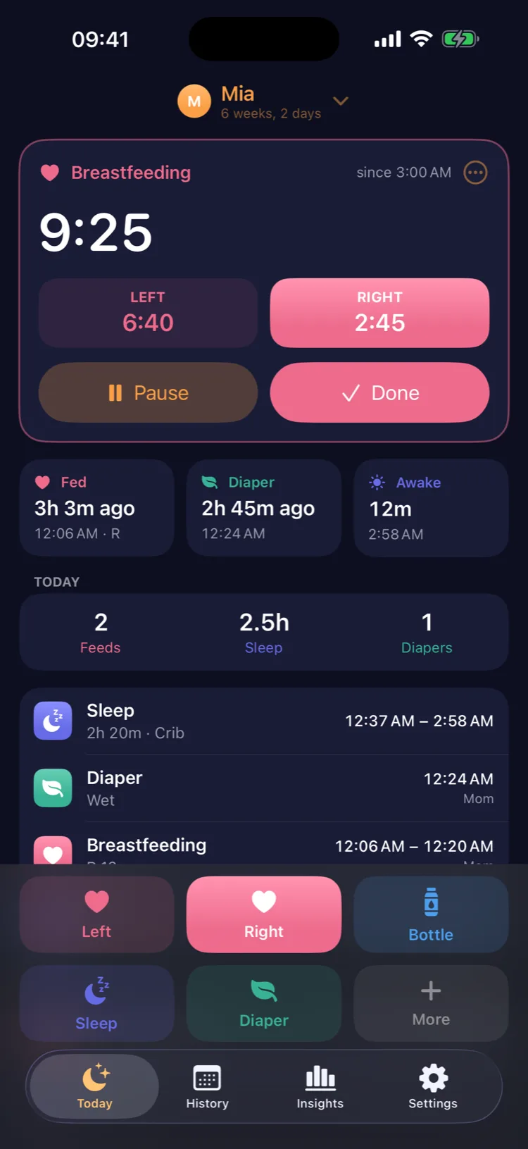 The night look at 3 am: a breastfeeding timer and the night's feeds and sleep