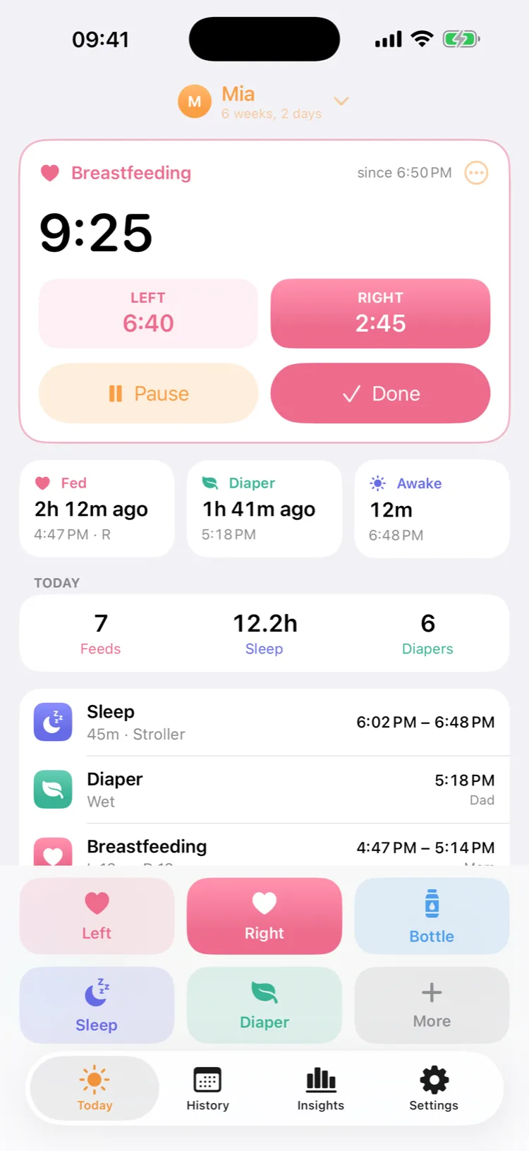 The Today screen: a breastfeeding timer at 9:25 with 6:40 on the left and 2:45 on the right, last feed 1 h 49 min ago