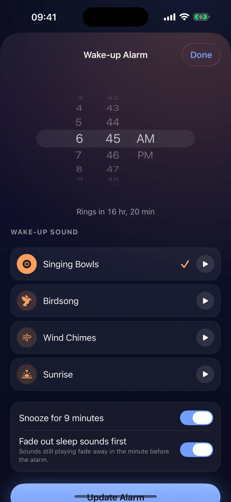 The wake-up alarm set for 6:45 with four gentle wake-up sounds