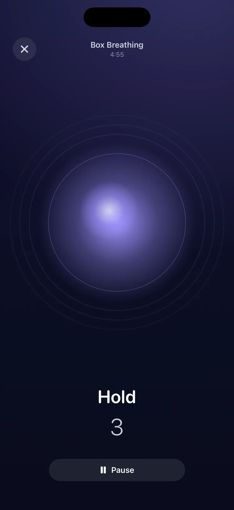 Box breathing: a glowing sphere and the prompt Hold, 3