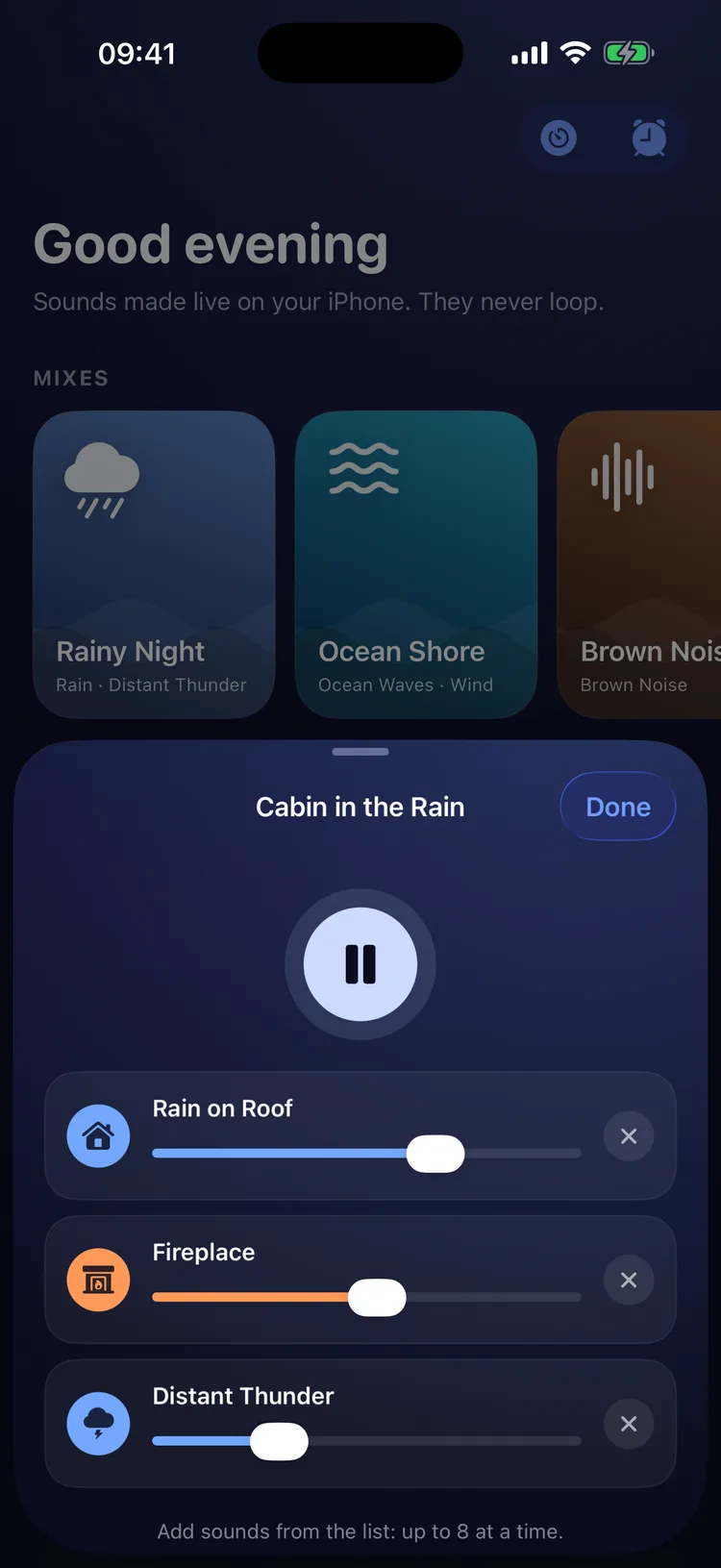 The mix sheet: rain on a roof, a fireplace and distant thunder, each with a volume slider