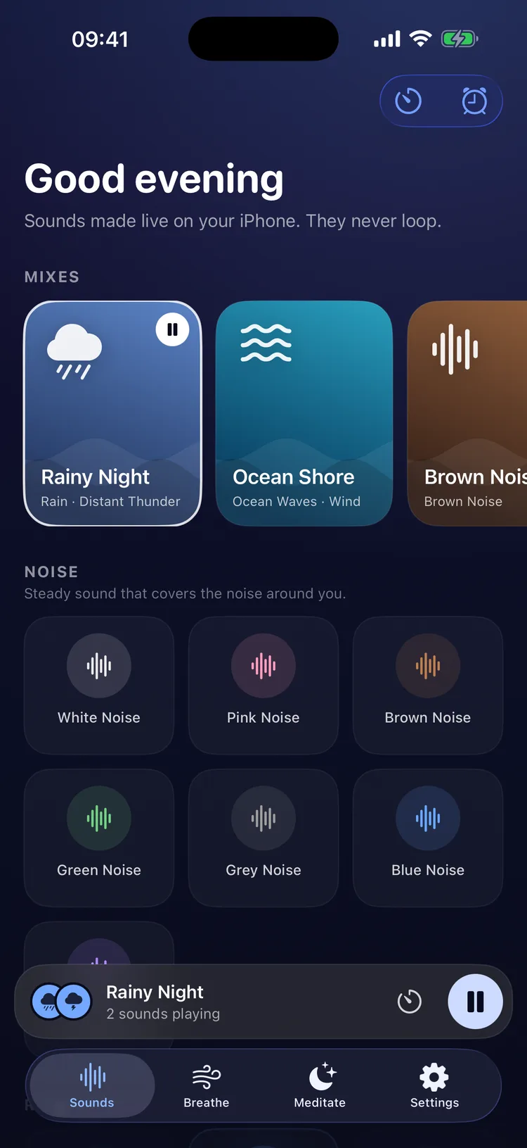 Nod playing the Rainy Night mix: rain and distant thunder, with mixes and noise colours below