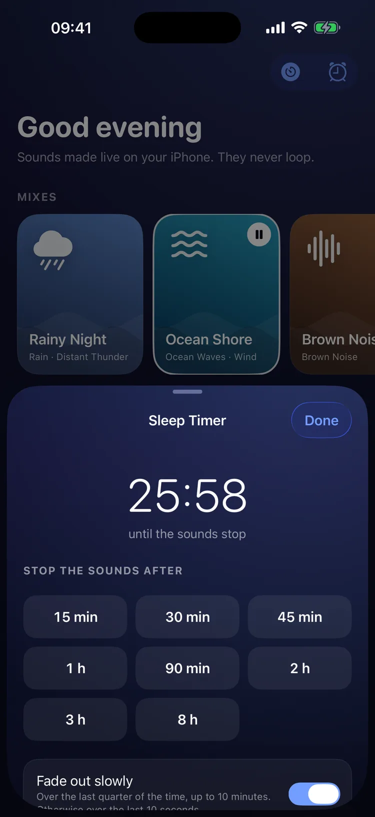 The sleep timer counting down 25:58 with the choices from 15 minutes to 8 hours