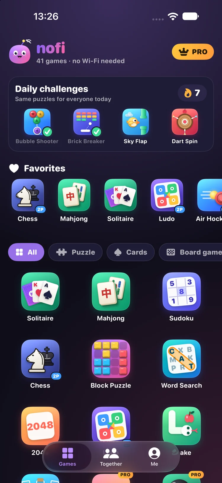 Nofi game library with daily challenges, favourites and colourful game icons