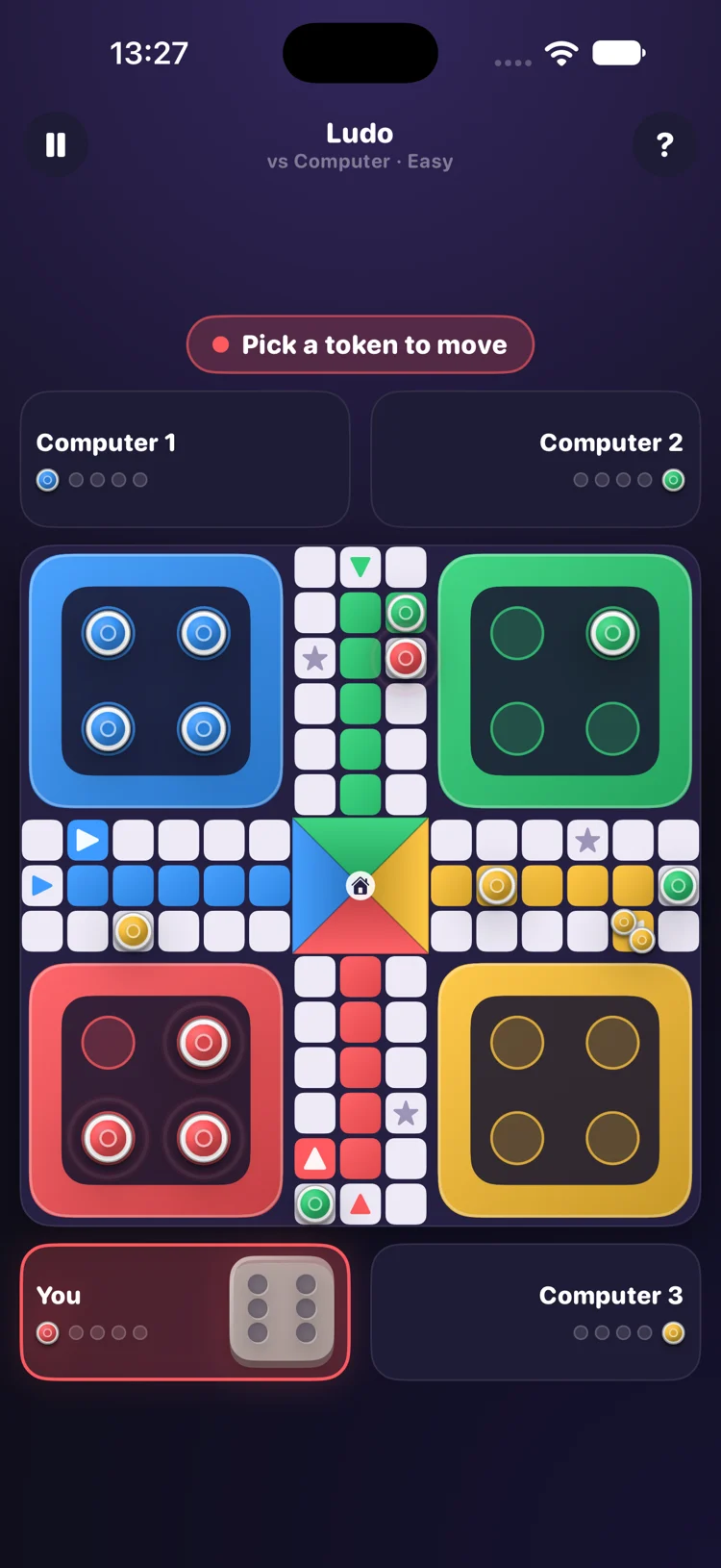 Nofi Ludo board with four colours and player turns