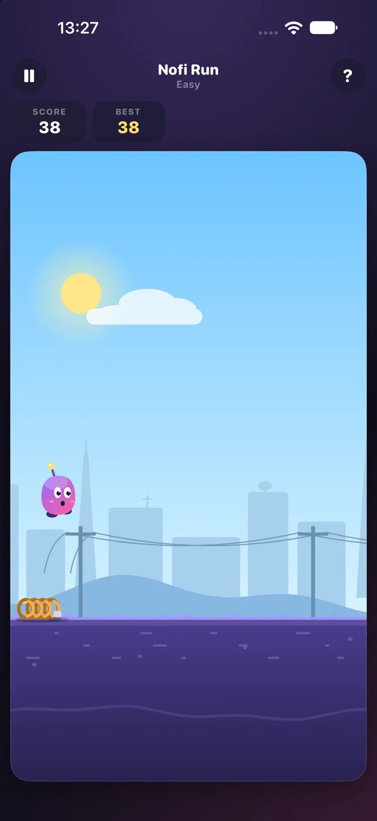 Nofi Run with a purple character jumping across rooftops