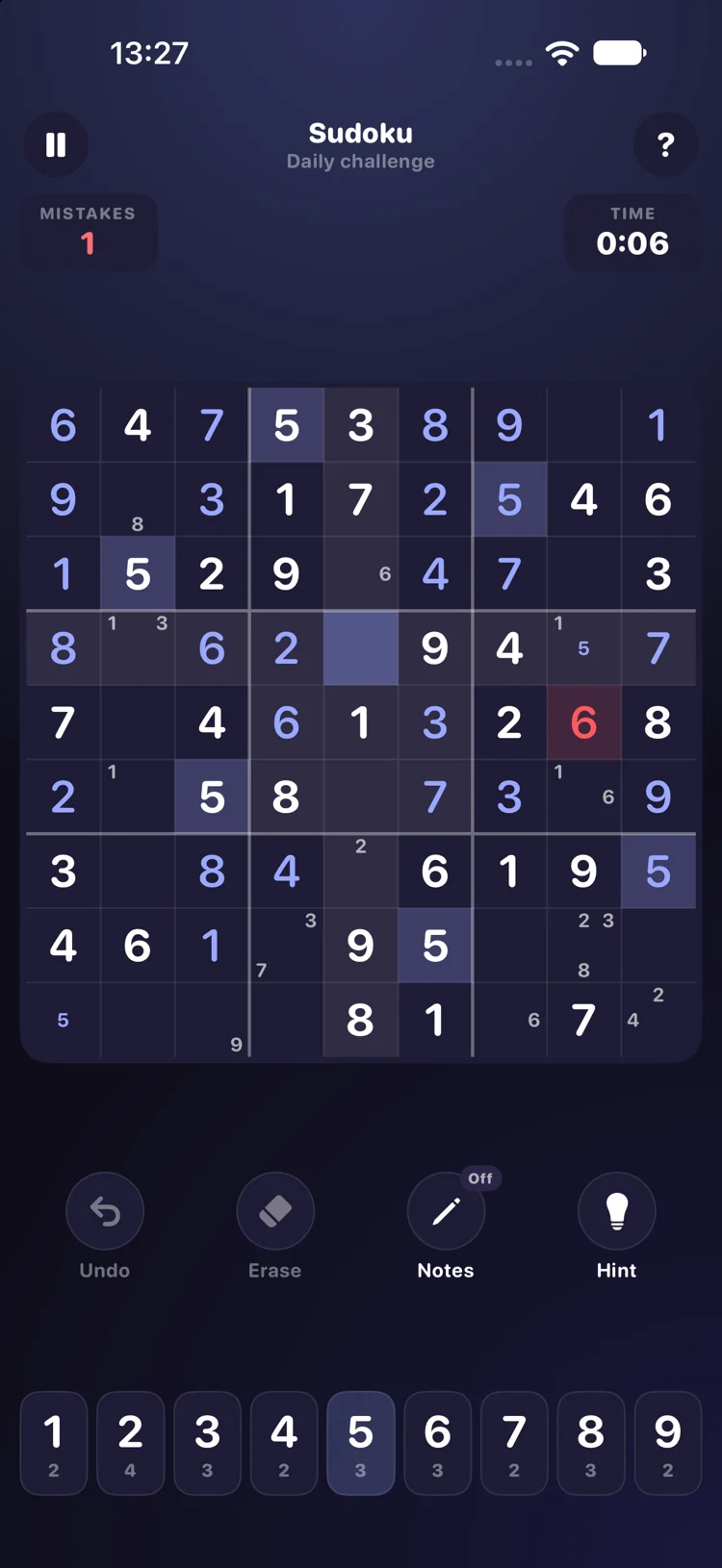 Nofi Sudoku puzzle with notes and hints