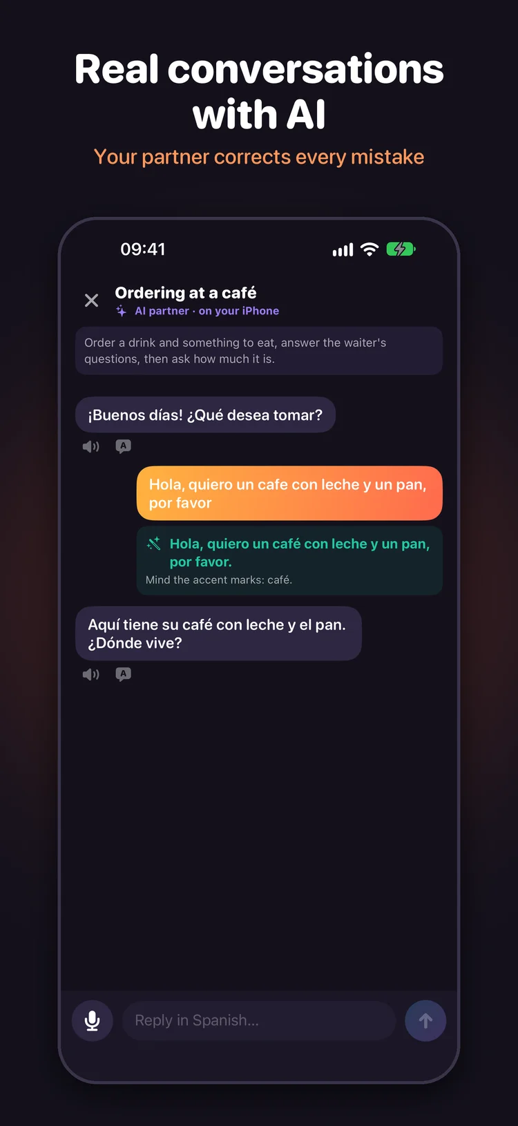 A Spanish café role-play with an AI partner and a suggested grammar correction