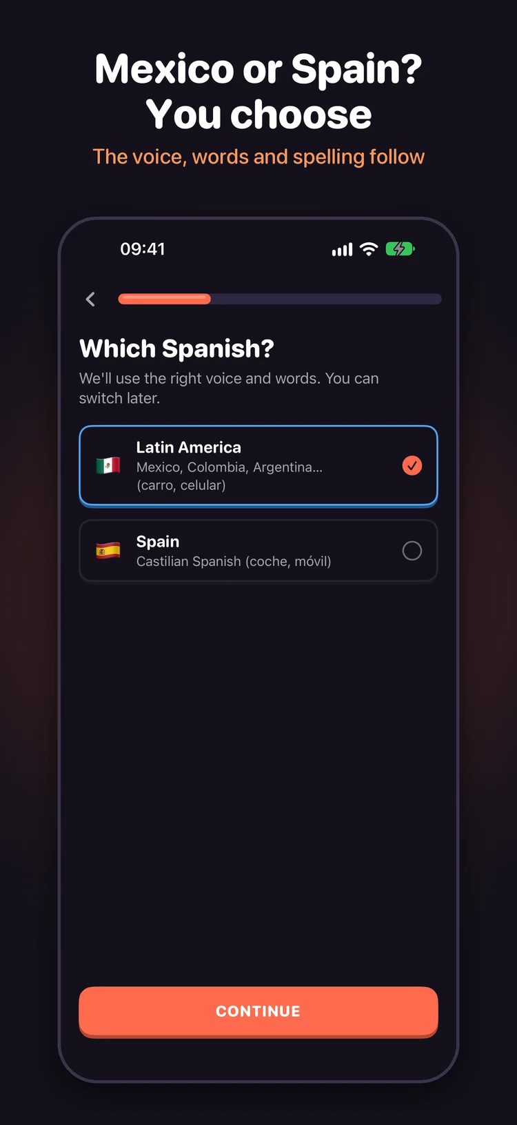 Spanish course selection with Latin America and Spain options
