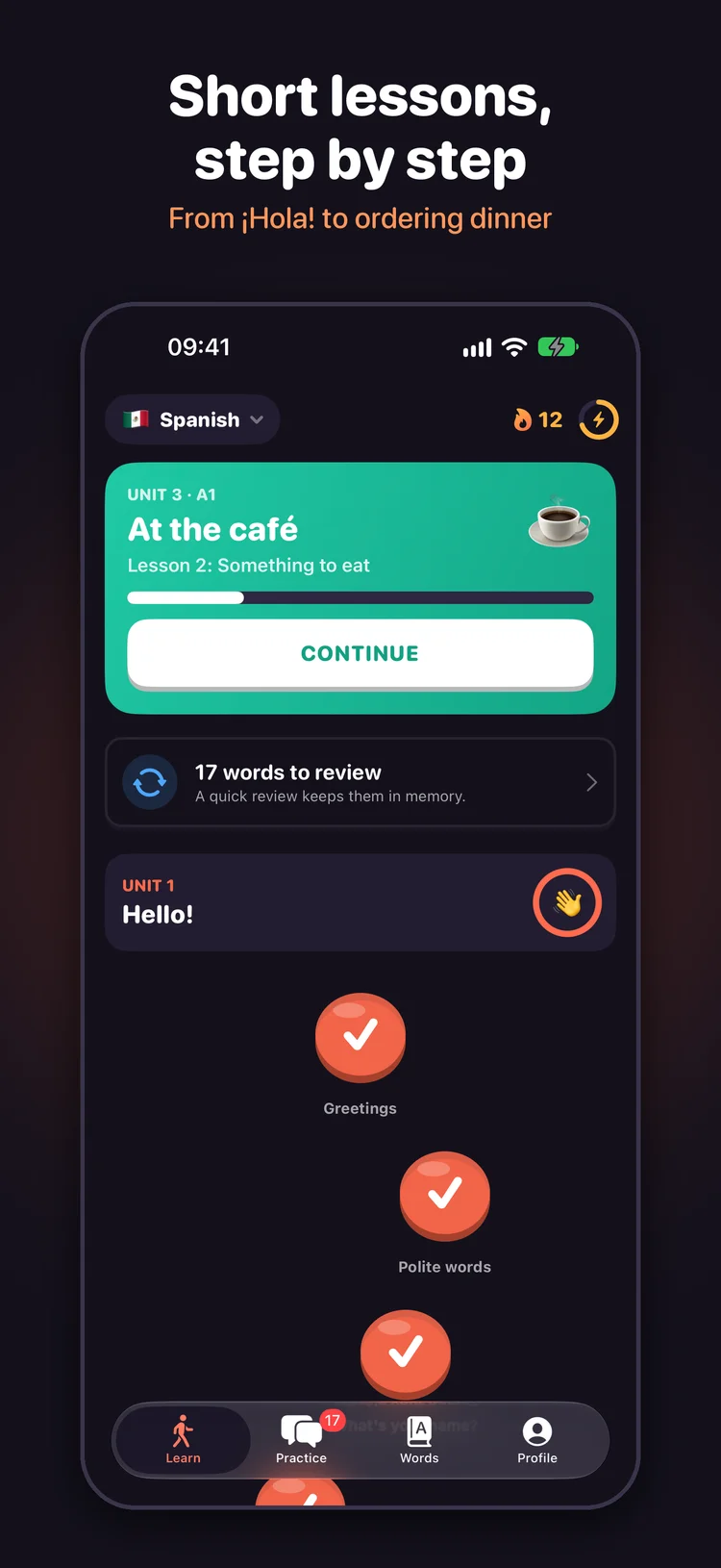 Pasito learning path with a café unit, words to review and completed introductory lessons