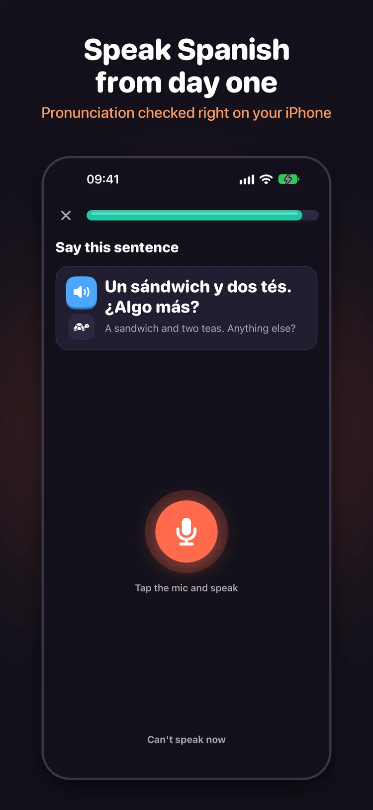 Pasito speaking exercise asking the learner to say a Spanish sentence aloud